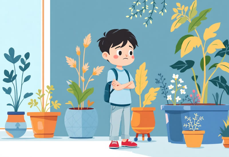 A bored boy with his arms crossed among plants